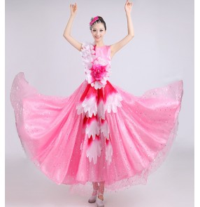 Neon green light pink sequins v neck double shoulder petal women's ladies flamenco spanish performance competition chorus dance opening dancing dresses outfits